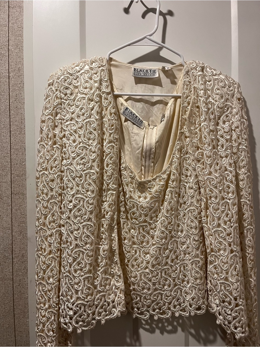 Oleg Cassini Cream Beaded Lace Evening Dress